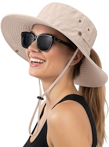 Xnova Cappello da Sole Donna Tesa Larga Coda di Cavallo UPF50+ Regolabile Secchiello Cappelli per Protezione UV Traspirante Mesh Pieghevole Cappellino(B-Beige, Cappello Circonferenza: 56-58 cm)