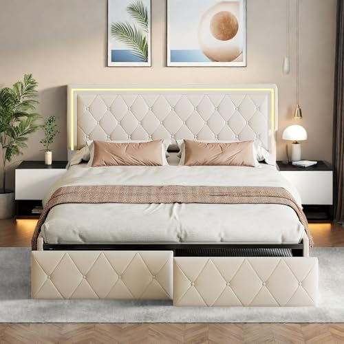 Hoscullo Polsterbett Schubladenbett 160x200 mit LED, Doppelbett mit 4 Schubladen, Jugendbett mit Lattenrost, Funktionsbett mit Verstellbares Kopfteil, Stauraumbett, Bequem, PU, Beige
