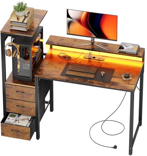 SOLAVERO Scrivania Gaming con LED e Presa, 112cm Scrivania Computer Reversibile con Ripiani & Cassetti in Tessuto, Tavolo Gamer con Supporto per Monitor e Gancio per Cuffie, Marrone Vintage