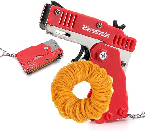 QKUDNGHY Rubber Band Launcher Toy Keychain Mini Metal Folding Rubber Launcher Toy Elastic Rubber Bands for Game Outdoor Activities (1psc red)