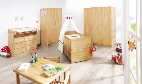 Pinolino Kinderzimmer Natura breit groß, 3-teilig, Kinderbett (140 x 70 cm), breite Wickelkommode mit Wickelansatz und großer Kleiderschrank, Buche massiv, geölt (Art.-Nr. 10 21 74 BG)