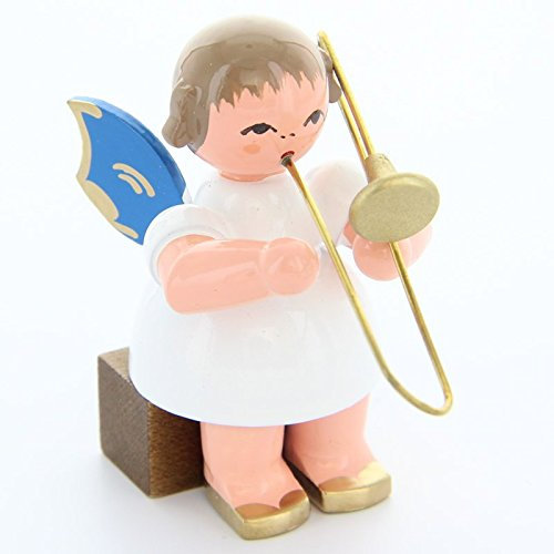 Uhlig Engel sitzend mit Posaune blaue Flügel handbemalt