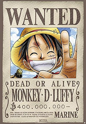 Close Up One Piece Poster Wanted Monkey D. Luffy (68cm x 98cm) + 2 St. Schwarze Posterleisten mit Aufhängung