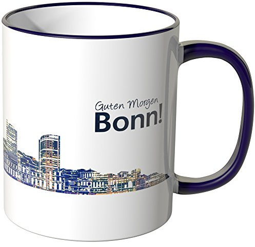 WANDKINGS® Tasse, Schriftzug Guten Morgen Bonn! mit Skyline bei Nacht - LILA