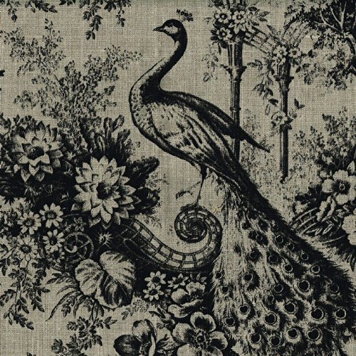 Textiles français Leinenstoff | Pfauen - Schwarz | Grundfarbe: Natur | 100% Leinen | Stoffbreite: 140cm Meterware (1 Meter)