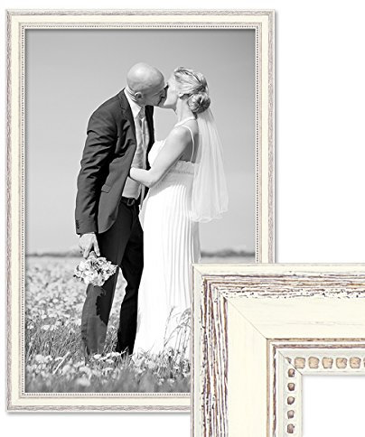 Bilderrahmen Shabby-Chic Landhaus-Stil Weiss 40x60 cm Massivholz mit Glasscheibe und Zubehör/Fotorahmen