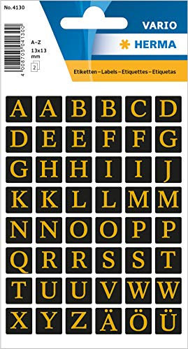 HERMA Buchstaben Aufkleber Gold, 96 Stück, 13 x 13 mm, selbstklebend, groß, Alphabet Sticker Klebebuchstaben A-Z aus Folie zum Aufkleben, schwarz