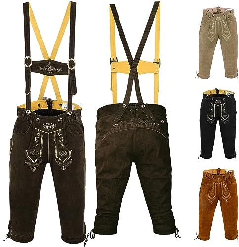 German Wear, Trachten Lederhose Kniebundhose Trachtenhose Hose mit Hosenträger, Größe:50, Farbe:Dunkelbraun