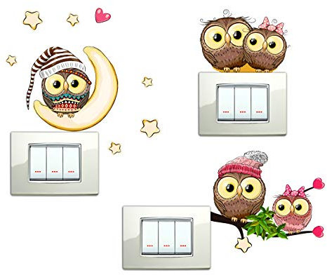 STICKER DESIGN Adesivi per Interruttore con Gufi e Gufetti Porta Fortuna, 3 Pezzi di Adesivi Interruttori Luce per Bambini, Stickers con Adesivo Gufo Portafortuna e Stelline, Adesivi Luci Resistenti