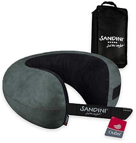 SANDINI TravelFix Outlast – Premium Reisekissen Made in EU/Nackenkissen mit ergonomischer Stützfunktion und Temperaturausgleich – Gratis Transporttasche mit Befestigungs-Clip - Made in EU