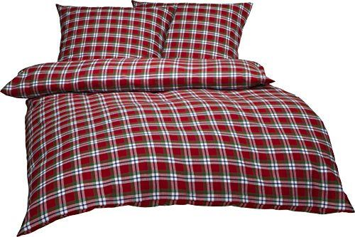 Bettwaesche-mit-Stil warme Fein-Flanell Winter Bettwäsche Toronto Landhaus Karo rot grün weiß kariert (240 x 220 cm + 2 x 80 x 80)