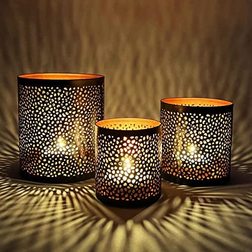 3er Set Orientalisches Windlicht Laterne orientalisch Estelle 14cm Groß | Orientalische Vintage Teelichthalter Kupferfarben innen schwarz außen | Marokkanische Windlichter aus Metall als Dekoration