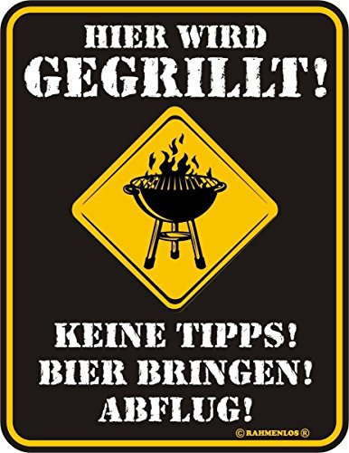 RAHMENLOS Original Blechschild für die Grillparty: Hier Wird gegrillt! Keine Tipps! Abflug! Nr.3451