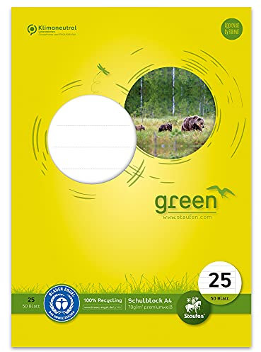 Staufen Green Schulblock - DIN A4, Lineatur 25 (9mm liniert mit Rand), 50 Blatt, 4-fach Lochung, premiumweißes 70g/m² Recyclingpapier, 1 Stück