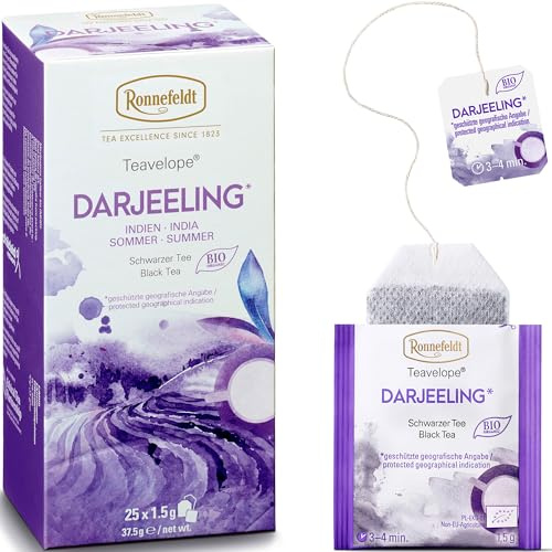 Ronnefeldt Teavelope Darjeeling - Bio Schwarztee, 25 Teebeutel, 37,5 g | Himalaya-Schwarztee, reichhaltiges blumiges Aroma, gemischt und verpackt in Deutschland, heiß oder geeist, einzeln verpackt