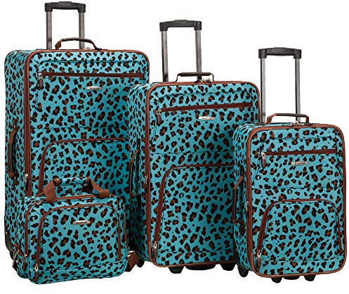 Rockland Jungle Softside Upright Luggage Set, Blue Leopard, 4-Piece Set (14/29/24/28), Jungle Softside Upright Luggage Set