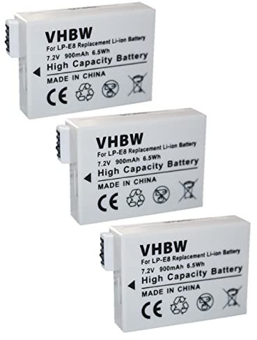 vhbw 3X Batteries Compatible avec Canon EOS 550, 550D, 600, 600D, 650, 650D, 700D, Kiss X4 Appareil Photo, Reflex numérique (900mAh, 7,2V, Li-ION)