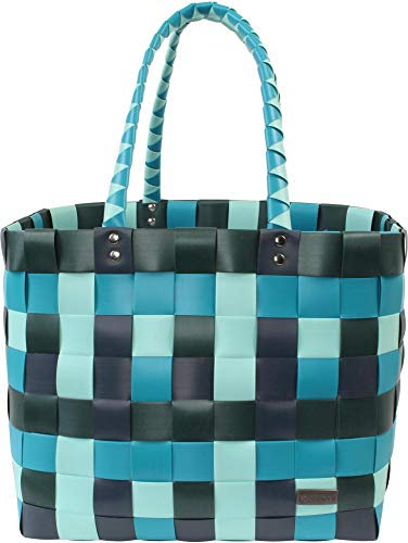 normani® Einkaufstasche Shopper geflochten aus Kunststoff - robuster Strandkorb Vintage Style 38cm x 25cm x 28cm Farbe Classic/Ocean