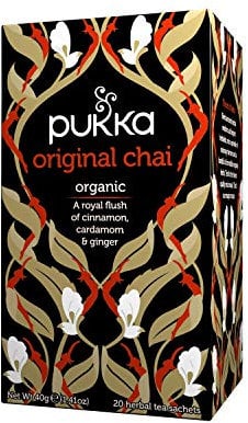 Pukka Herbs, Original Chai Organic Herbal Tea, Cardamom, Cinnamon, Black Tea, Ginger, Perfect For Bright Energy, 4 packs, 80 Sachets