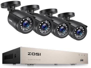 ZOSI 8CH CCTV Camera System, H.265+ 5MP DVR Recorder with 4 x 1080P Outdoor Security Bullet Cameras, AI Human Vehicle Detection, 80ft Night Vision, Remote Monitoring, NO Hard Drive, IP66 Weatherproof
