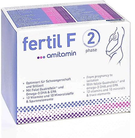 amitamin© Fertil F Phase 2 | Für Schwangerschaft und Stillzeit | 120 Kapseln | Folat |Folsäure |Omega-3 DHA + EPA + 24 Nährstoffe