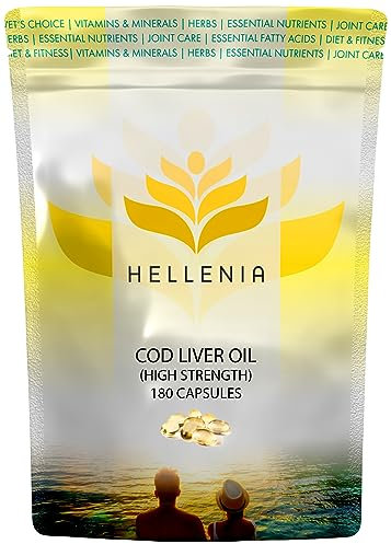 Cod Liver Oil Capsules High Strength 1000mg - 180 Capsules | UK Made Fish Oils - 6 Month Supply | Rich Source of Omega 3 Essential Fatty Acids | High EPA DHA - Made in The UK for Hellenia