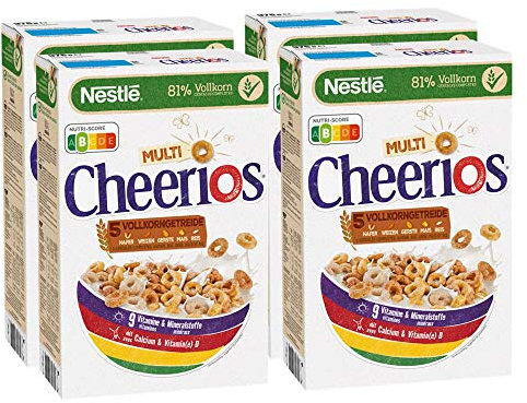 Nestlé Multi Cheerios, knusprige Ringe aus Weizen, Mais, Hafer & Gerste, Cerealien zum Frühstück, mit Milch & Joghurt genießen, 4er Pack (4 x 375g)