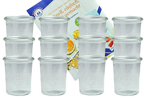 MamboCat 12er Set Weckgläser Sturzglas 160 ml I Original Weck Sturzglas Dessertglas I Einweckgläser für Kuchen Gelees UVM I Sturzgläser ohne Deckel inkl. Diamant-Zucker Gelierzauber Rezeptheft