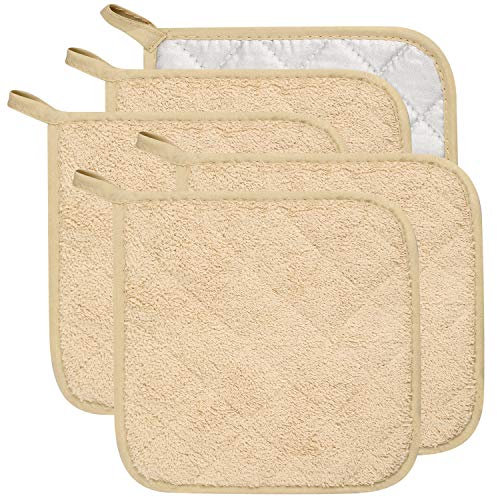 Lifaith 100% Coton de Cuisine Quotidien de Terry Support de Pot résistant à la Chaleur Dessous Manique pour Cuisine et pâtisserie Lot de 5 Beige