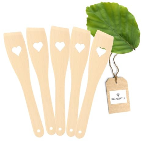 5x HOFMEISTER® Pfannenwender Holz 30 cm - antibakteriell, hitzebeständig & plastikfrei, keine Kratzer in beschichteten Pfannen, kein Plastik im Essen, 100% Naturprodukt, Buchenholz, Herz
