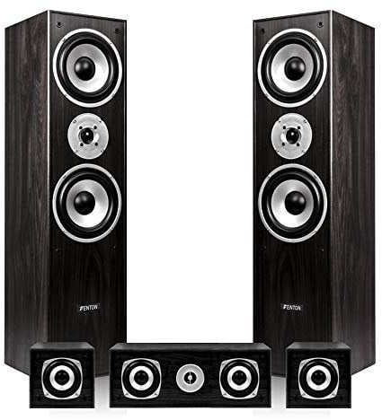 Fenton 5.0 Black Surround Sound Speakers Set - 1150W Home Cinema Speakers, Surround Sound for TV, Hi-Fi Home Cinema Audio System - Black Wooden Tower Satellites - Hi-Fi Speaker Set