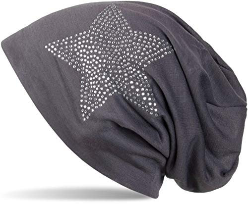 styleBREAKER Klassische leichte Unisex Beanie Mütze mit Stern Strass Applikation 04024019, Farbe:Anthrazit