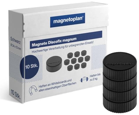 magnetoplan Premium Magnete Discofix magnum | ØxH 34x13mm | 10 Stück, schwarz | Haftkraft: 2 kg | Magnete für Magnettafeln und Whiteboards | Kratzfreie Spezialbeschichtung | Leicht abnehmbar