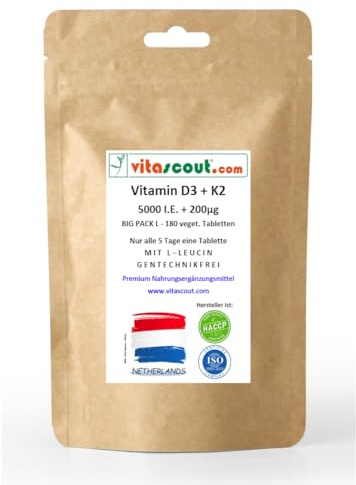 Vitascout Vitamin D3 5000 IU + K2 200 mcg Depot + L-Leucine 30mg, 180 vegetarische Tabletten, Für Optimale Aufnahme, Ohne Gentechnik, Hochdosiert, Laborgeprüft, Nur Eine Tablette alle 5 Tage