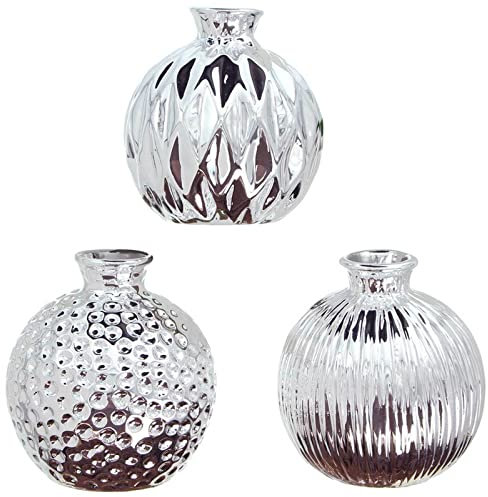 SIDCO Vase 3 x Kugelvase Silber Look Porzellan Blumenvase Dekovase Tischdeko metallic