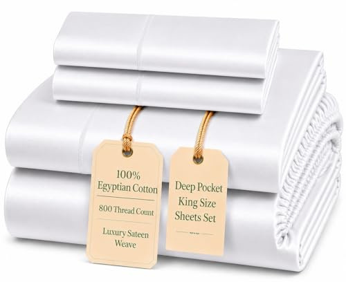 CHATEAU HOME COLLECTION King Size Sheet Set, 4 Piece, White, 800 Thread Count Egyptian Cotton, Luxury Hotel Collection Bedding