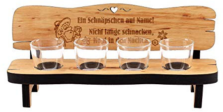Cera & Toys® Holzbank mit 4 Schnapsgläsern und Namensgravur/Motivwahl Nicht Lange schnacken