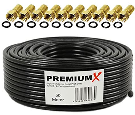 Premium X Profesional Set de Cables Coaxiales 50m – Cable Satelital Negro | Cobre Puro | Cable de Antena Blindado de 4 vías | Incluye 10 Conectores F-Admite 8K, 4K UHD y 3D para Sat, Cable, DVB-T
