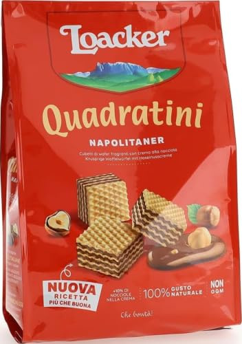 Loacker, Quadratini Napolitaner, Wafer per Colazione, Farciti con 4 Strati di Crema di Nocciole 100% Italiane, Snack Dolci, Pratica Confezione Apri e Chiudi, 1 Confezione da 250 g