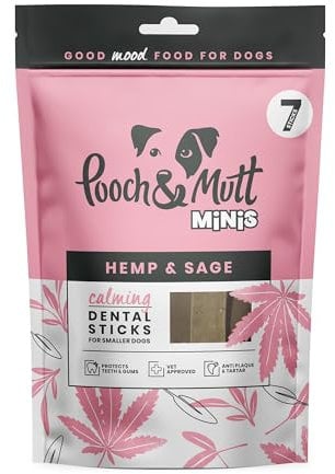 Pooch & Mutt - Calming Dog Small Dental Sticks, Hemp and Sage Flavour Dog Dental Chew, 1 pack of 7 sticks