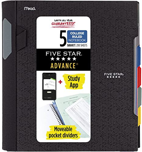 Five Star modernes Spiralen-Notizbuch, 5 Fächer, mittelbreites, liniertes Papier, 2 Blatt, Farbe wird variieren (6326) 1 unit Schwarz