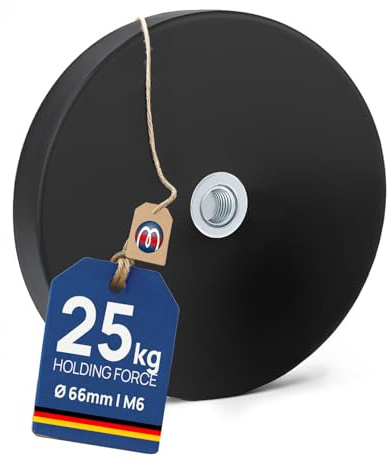 Neodym Magnet-System gummiert Ø 22 bis Ø 88 mm Innen-Gewinde: M4 bis M6 - Haftkraft bis 55 kg – Extra Starke Magnete mit Gummi-Mantel für Schrauben Haken Ösen, Größe:Ø 66mm | M6 | Haftkraft 25kg