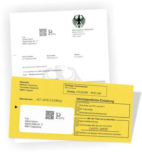 Geburtstag Einladung als Mahnbescheid lustig Geburtstagseinladungen Mahnbrief Geburtstagseinladungen - Förmliche Einladung, jedes Alter möglich, 30 Briefe mit Umschlag