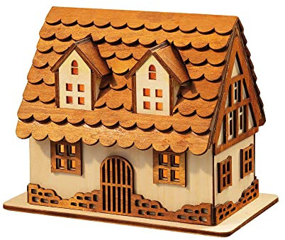 hellum LED Holzhaus, Holzfachwerkhaus, Holz, natur, Weihnachtsdeko, Tischdeko, 4 warm-weiße LED, 14x12x10cm,