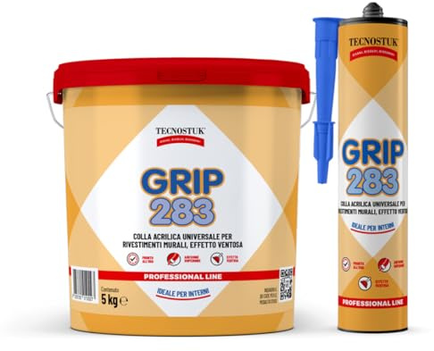 TECNOSTUK - Grip 283 – Colla Acrilica Universale ad Alta Adesione per Rivestimenti Murali, Boiserie, Battiscopa e Mensole fino a 30 kg – ADESIVO PER SUGHERO A SPATOLA - 5 KG
