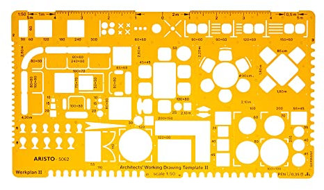 Aristo AR5062 Architektur Werkschablone 2 (1:50, Darstellung von Grundrissen und Isolierschichten, Tuschenoppen, formstabiler PET-Kunststoff) orange-transparent