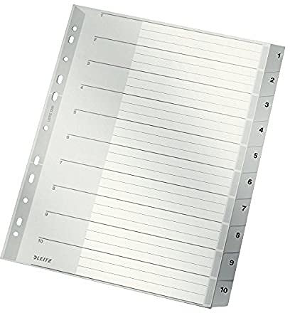 Leitz Register für A4, Deckblatt aus Karton und 10 Trennblätter aus Kunststoff, Taben mit Zahlenaufdruck 1-10 Tabs, Überbreite, Grau, 12800000, 1 Stück