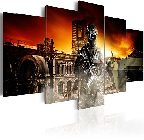 B&D XXL - Wandbilder XXL Soldat 200x100cm 5 tlg - Wand Deko Leinwand Bilder Groß Wanddeko Wohnzimmer Schlafzimmer Kunstdrucke - Krieg Kampf Panzer h-A-0016-b-m