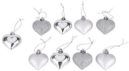 Toyland® 1 Pack Of 9 40mm Multi-Finish Silver Heart Shaped Baubles - Christmas Tree Decorations