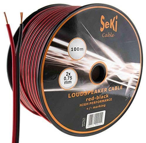 Seki Cable de Altavoz 2 x 0,75 mm² - 100 m - Rojo y Negro - CCA - Audio para Caja